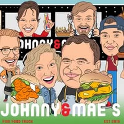 Hand-drawn caricature crew holding burgers, the Johnny & Mae's food truck logo